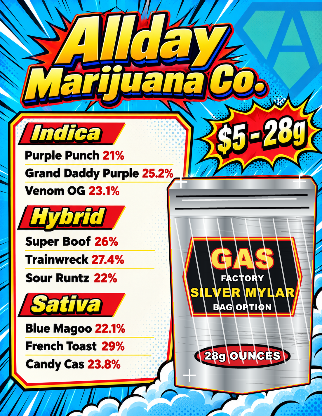 Gas Factory silver mylar comic-style menu